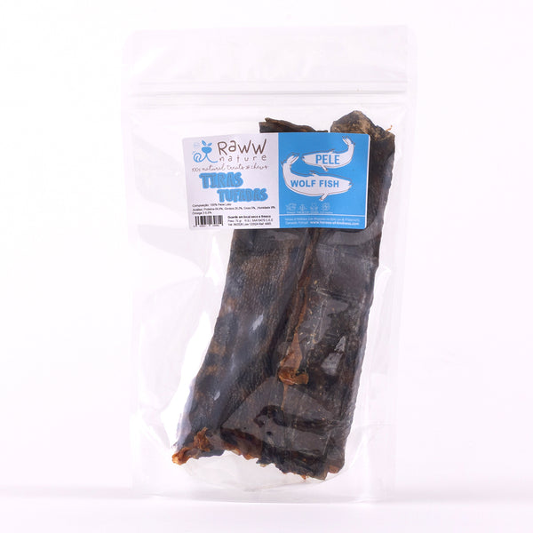 Tiras ÓMEGA Pele Peixe Lobo TUFADAS 15-17 cm (efeito tufado mais crocantes e estaladiças)🐠 Dose Ómega 3 natural: Pelo & Pele Saudável!Ainda mais crocante e estaladiças