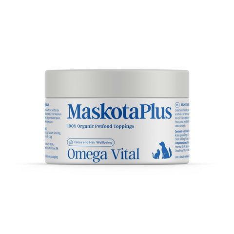 MaskotaPlus - Topping ÓMEGA VITAL (Pelo, pele e coração saudável) 100% natural em pó fácil de administrar sobre a alimentação diária
