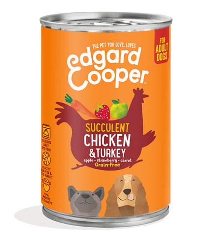 Lata paté cremoso Frango & Peru com maçã e morangos para cães adultos 400g 🐓🍓