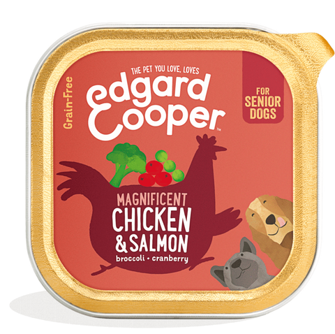 Terrina paté SÉNIOR Frango & Salmão com ervilhas, brócolos e arandos vermelhos para cães seniores + 8 anos ou LIGHT (controlo de peso)150g🐓🍓