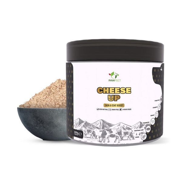 Pawfect - Polvo de queso cottage CHEESE-UP | Aderezo diario para perros | Mezcla para mejorar la piel y el pelaje | 100% natural | Enriquecido con coco, biotina, aceite de girasol y linaza | Rico en proteínas, vitaminas y minerales (220g)