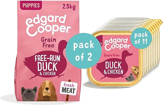 Pack PROMO Ração Puppy Edgard & Cooper - Pato & Frango, 2.5kg + Terrinas Húmidos Puppy, 11 * 150g Pato & Frango