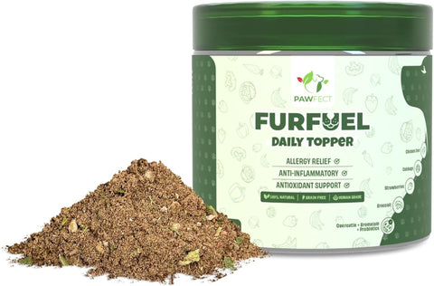 Pawfect - Polvo de hígado de pollo FUR-FUEL | Aderezo diario para perros | 100% natural | Enriquecido con bromelina, plátano, brócoli, espinacas, fresas, pimiento amarillo y quercetina | Alivio de alergias | Antiinflamatorio | Apoyo antioxidante (150 g)