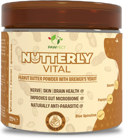 Pawfect - NUTTERLY VITAL Peanut Butter Powder | Daily Topper for Dogs | All Natural | Enriched with Brewer's Yeast, Banana, Papaya & Blue Spirulina | Anti Parasitic | Improves Gut Microbiome, Skin, Nerve & Brain Health (250g)
