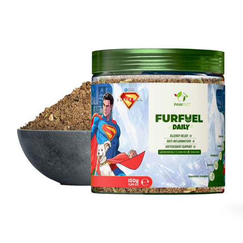 Pawfect - Polvo de hígado de pollo FUR-FUEL | Aderezo diario para perros | 100% natural | Enriquecido con bromelina, plátano, brócoli, espinacas, fresas, pimiento amarillo y quercetina | Alivio de alergias | Antiinflamatorio | Apoyo antioxidante (150 g)