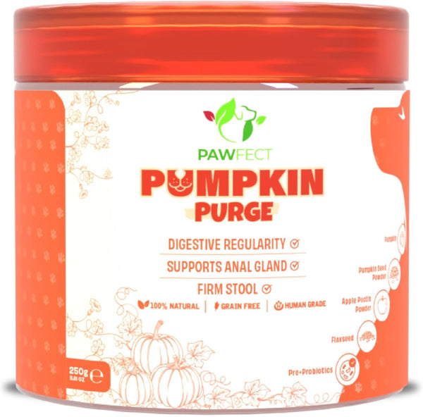 Pawfect - PUMPKIN PURGE Pumpkin Powder | Daily Topper for Dogs | 100% Natural | Enriched with Apple Pectin, Pumpkinseeds & Flaxseeds, Pre & Pro Biotics | Digestive Regularity | Firm Stool | Supports Anal Gland  (250g)