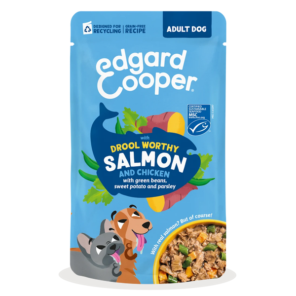 Edgard & Cooper - Estufado SALMÃO com feijão verde, batata doce e salsa em molho delicioso para cão (contém prebióticos, protetores articulares, fibra suave e óleo salmão)