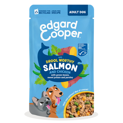 Edgard & Cooper - Estufado SALMÃO com feijão verde, batata doce e salsa em molho delicioso para cão (contém prebióticos, protetores articulares, fibra suave e óleo salmão)