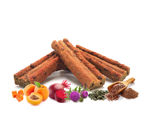 Barras Vitamínicas (suaves) de Cenoura, beterraba, bocadinhos fruta, enriquecidas com sementes & ervas Finas (Boost energia e vitaminas) para cão 100g (+2 Unid.)  🌿