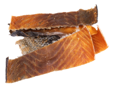 Tiras ÓMEGA Pele Salmão com pedaços de carne salmão EXTRA 🐠 Muito ricas em Ómegas 3 e 6! Puro óleo de salmão