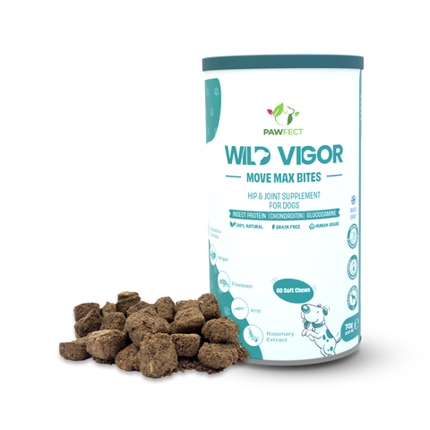 Pawfect - WILD VIGOR - Move Max Bites | Hip & Joint Supplement for Dogs | Mobility | All Natural | Grain Free | Enriched with Chondroitin, Glucosamine HCL & Rosehip extracts + coconut & krill