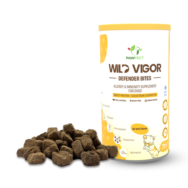 Pawfect - WILD VIGOR - DEFENDER Bites | Allergy and Immunity Supplement for Dogs | Omega 3 Boost | 100% Natural | Grain Free| Enriched with Colostrum, Turmeric, Omegas, Ashwagandha, Blue Spirulina, Quercetin & Biotin + Papaya, Pineapple & Shrimps