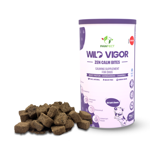 Pawfect - WILD VIGOR - ZEN CALM Bites | Calming Supplement for Dogs | All Natural | Grain Free | Enriched with Chamomile, Valerian Root, Ashwagandha, Choline + Banana, Coconut, Blueberries