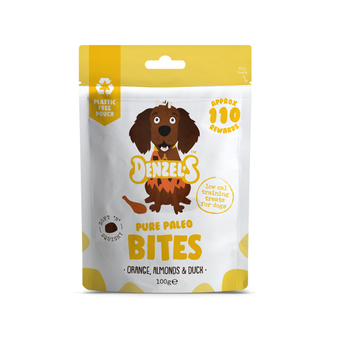 🍊🌻 Bites PURE PALEO (soft & squishy) (Pato do Campo, laranja & amêndoas) com Super SEMENTES & CURCUMA para cão